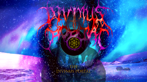 A purple and red painting of the name divinus portal.